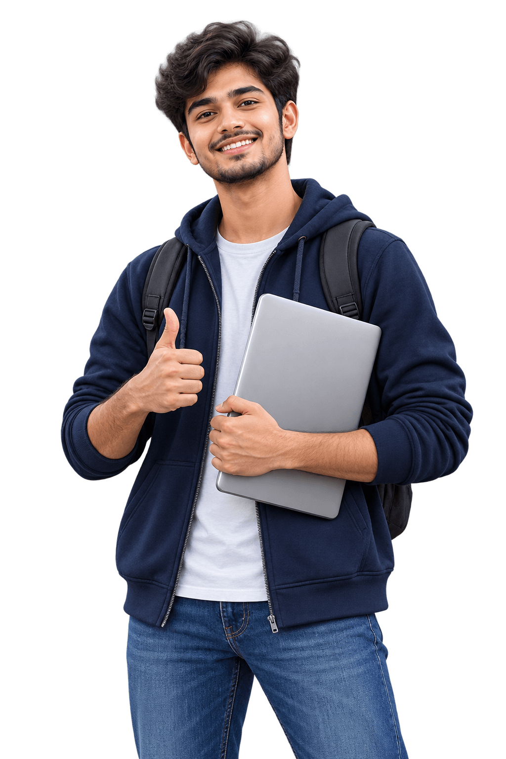 Student developer holding a laptop
